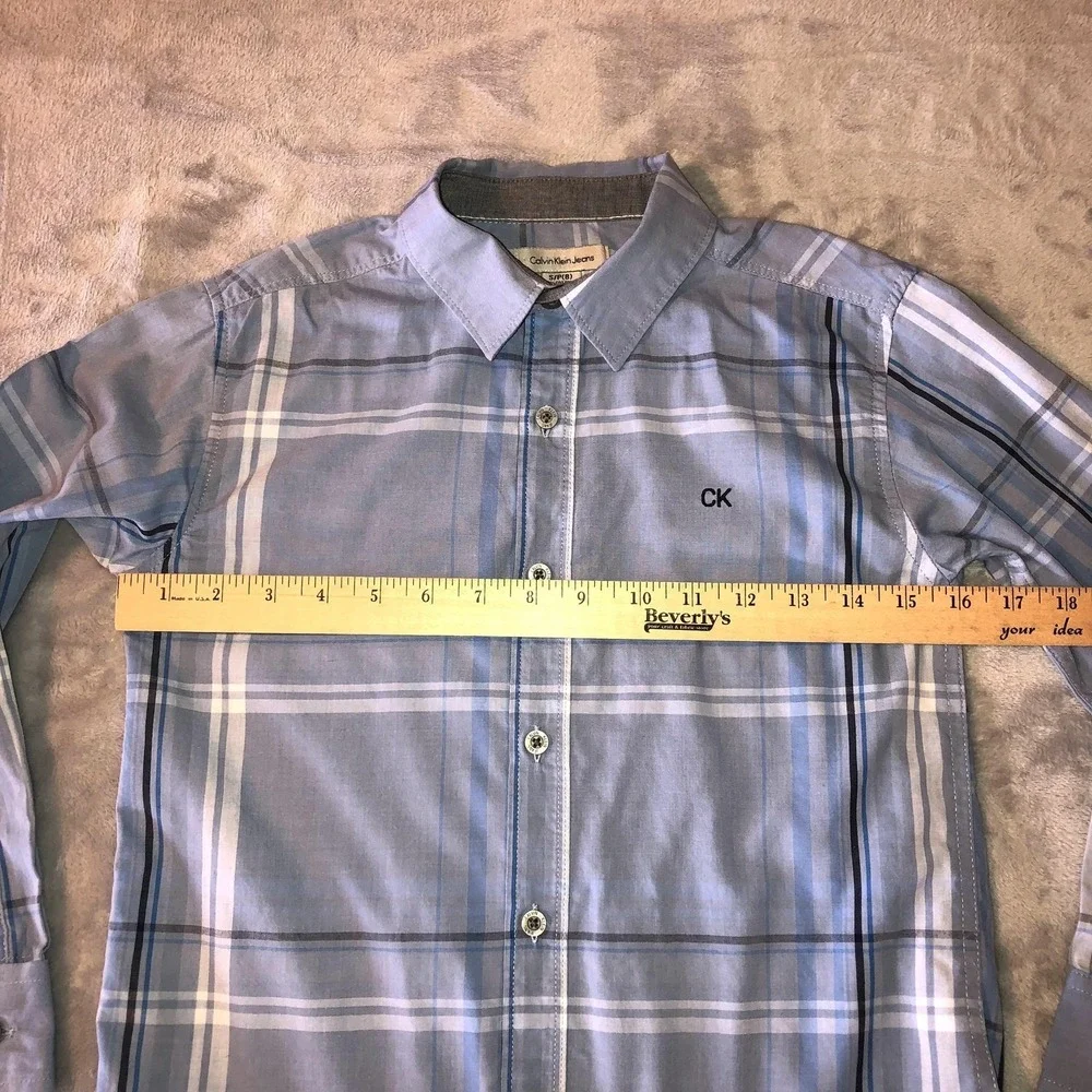 Calvin Klein Jeans Shirt‎ Boys Size 8 Blue Plaid Button Up Long Sleeve CK Logo